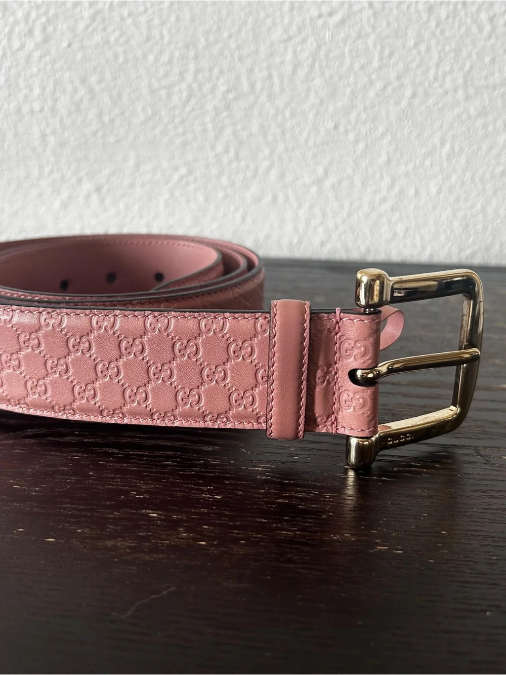 Gucci Pink GG Embossed Leather Belt with Gold-Tone Buckle
